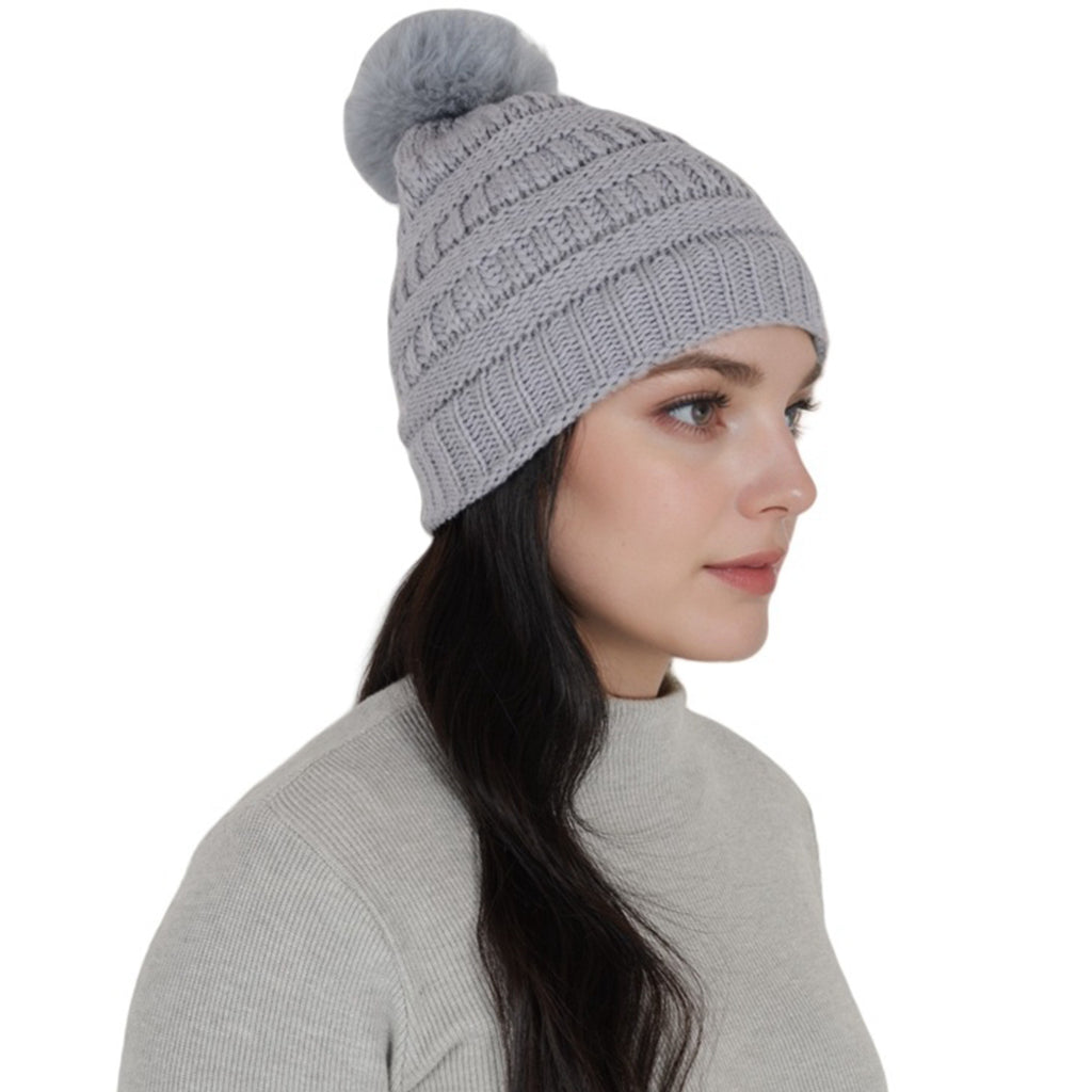 Anna-Kaci Winter Chunky Knit Slouchy Beanie with Faux Fur Pompom Warm Fleece Solid Color Chunky Baggy Hat for Women
