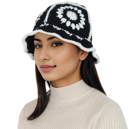 Anna-Kaci Women's Crochet Bucket Hat Retro Sunburst Pattern Knit Handmade Foldable Floppy Beach Hat