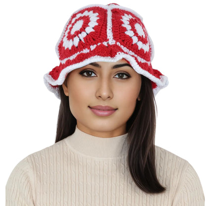 Anna-Kaci Women's Crochet Bucket Hat Retro Sunburst Pattern Knit Handmade Foldable Floppy Beach Hat