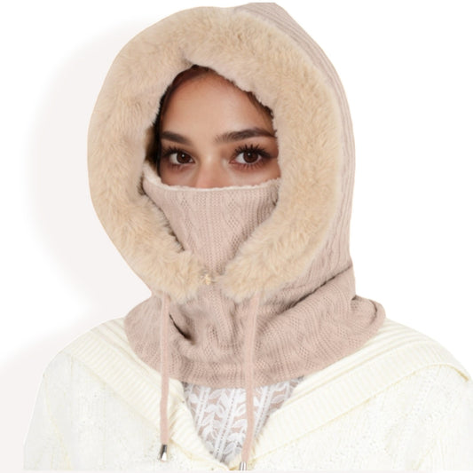 Anna-Kaci Women's Faux Fur Lined Knit Hooded Scarf with Adjustable Drawstring and Full Coverage for Winter Warmth