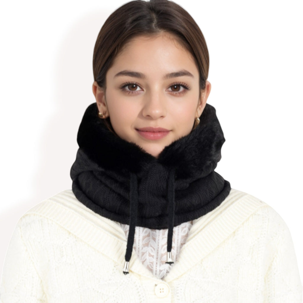 Anna-Kaci Women's Faux Fur Lined Knit Hooded Scarf with Adjustable Drawstring and Full Coverage for Winter Warmth