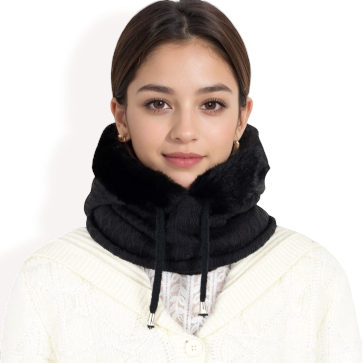 Anna-Kaci Women's Faux Fur Lined Knit Hooded Scarf with Adjustable Drawstring and Full Coverage for Winter Warmth