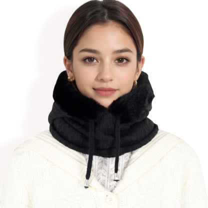 Anna-Kaci Women's Faux Fur Lined Knit Hooded Scarf with Adjustable Drawstring and Full Coverage for Winter Warmth