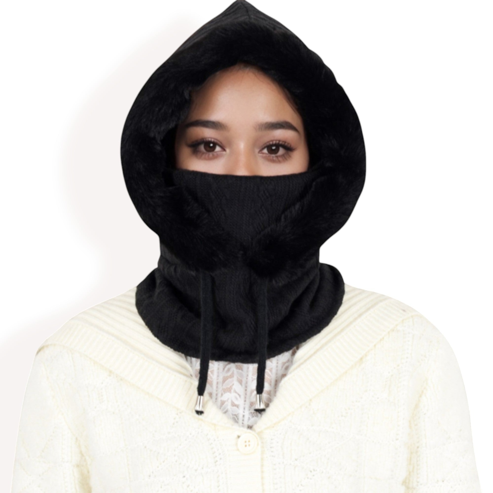 Anna-Kaci Women's Faux Fur Lined Knit Hooded Scarf with Adjustable Drawstring and Full Coverage for Winter Warmth