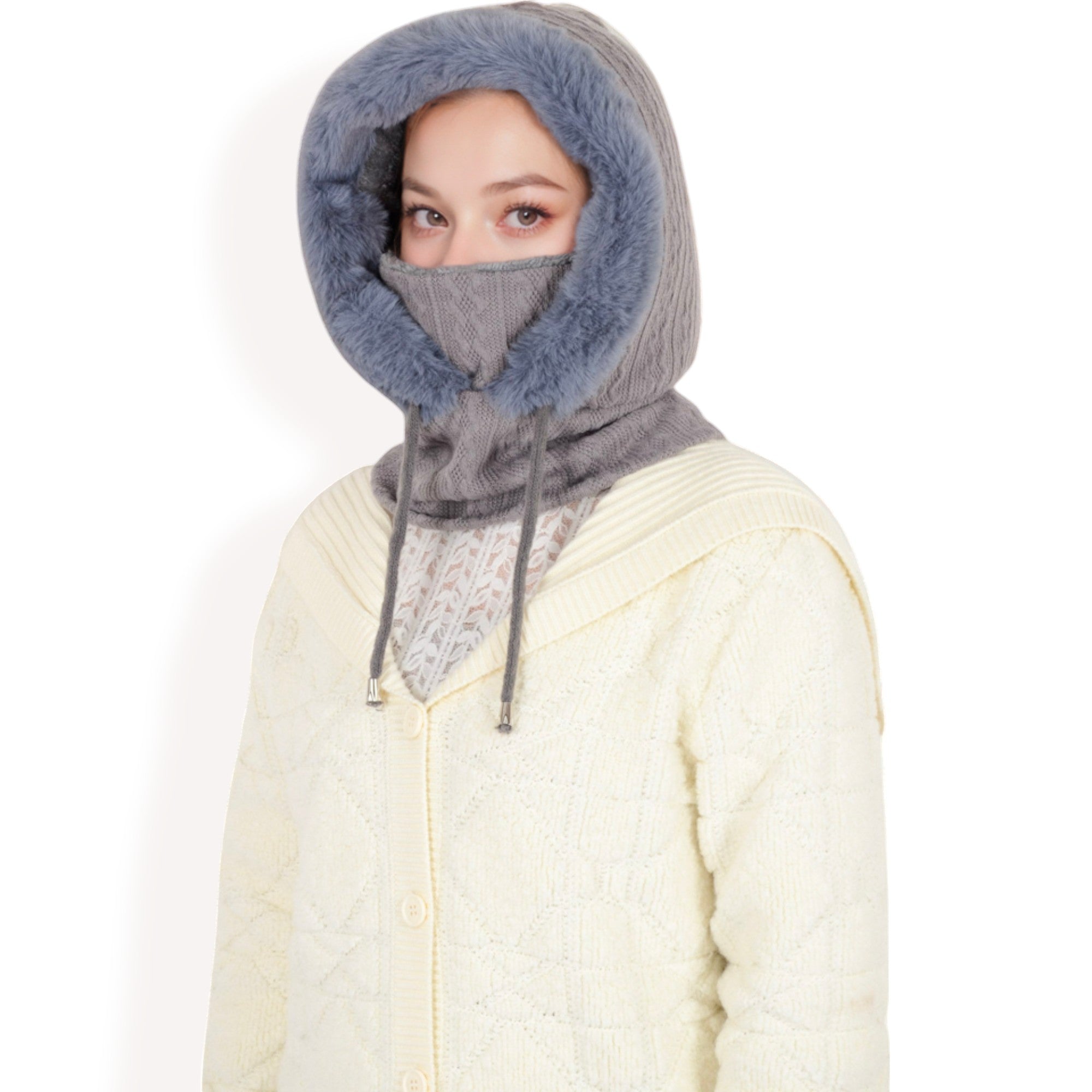 Anna-Kaci Women's Faux Fur Lined Knit Hooded Scarf with Adjustable Drawstring and Full Coverage for Winter Warmth
