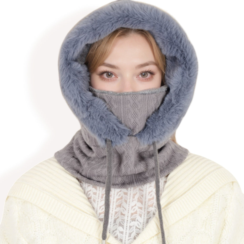 Anna-Kaci Women's Faux Fur Lined Knit Hooded Scarf with Adjustable Drawstring and Full Coverage for Winter Warmth