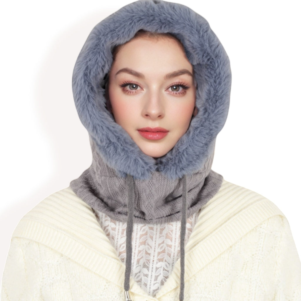 Anna-Kaci Women's Faux Fur Lined Knit Hooded Scarf with Adjustable Drawstring and Full Coverage for Winter Warmth