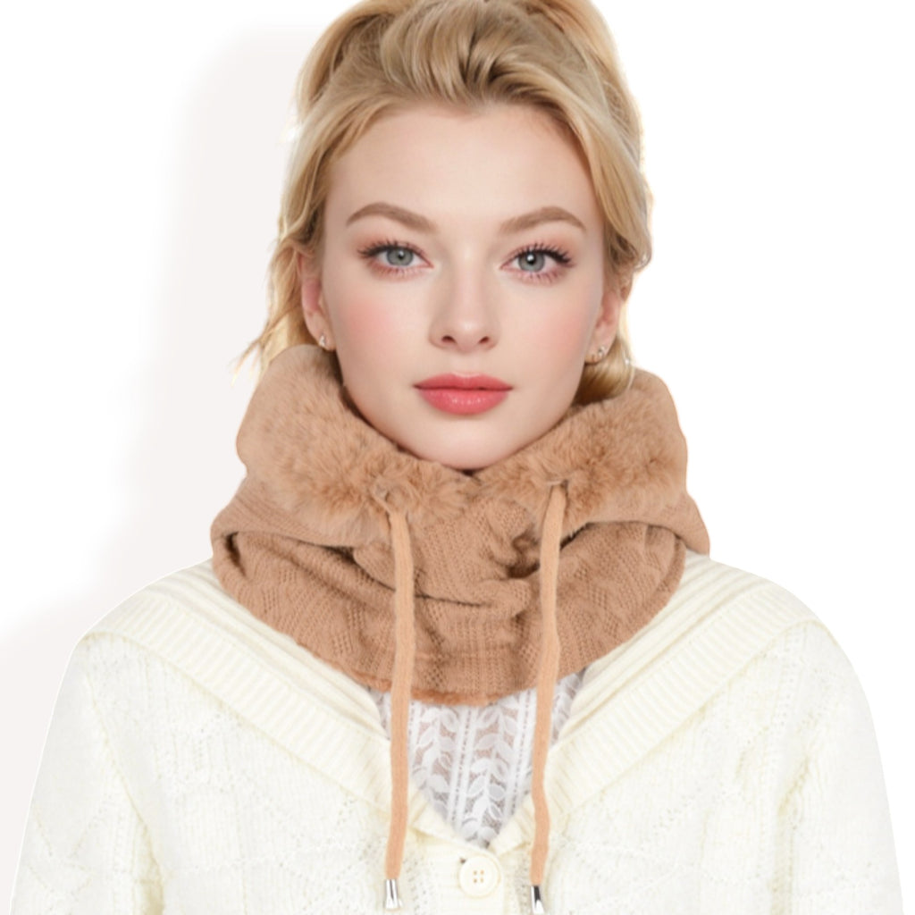 Anna-Kaci Women's Faux Fur Lined Knit Hooded Scarf with Adjustable Drawstring and Full Coverage for Winter Warmth