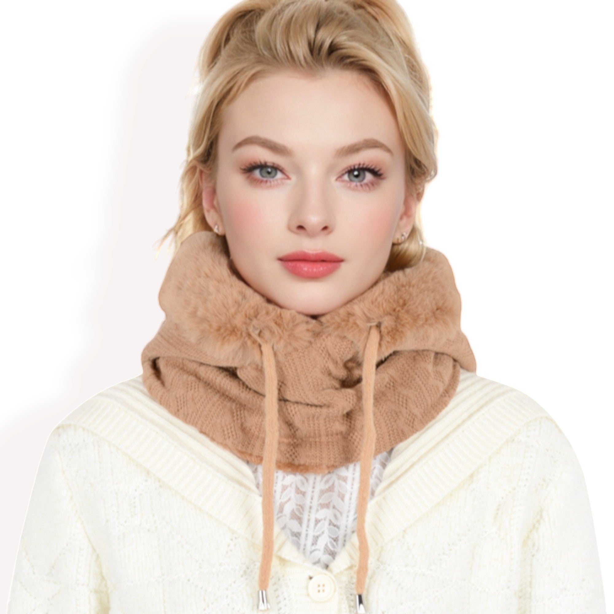Anna-Kaci Women's Faux Fur Lined Knit Hooded Scarf with Adjustable Drawstring and Full Coverage for Winter Warmth