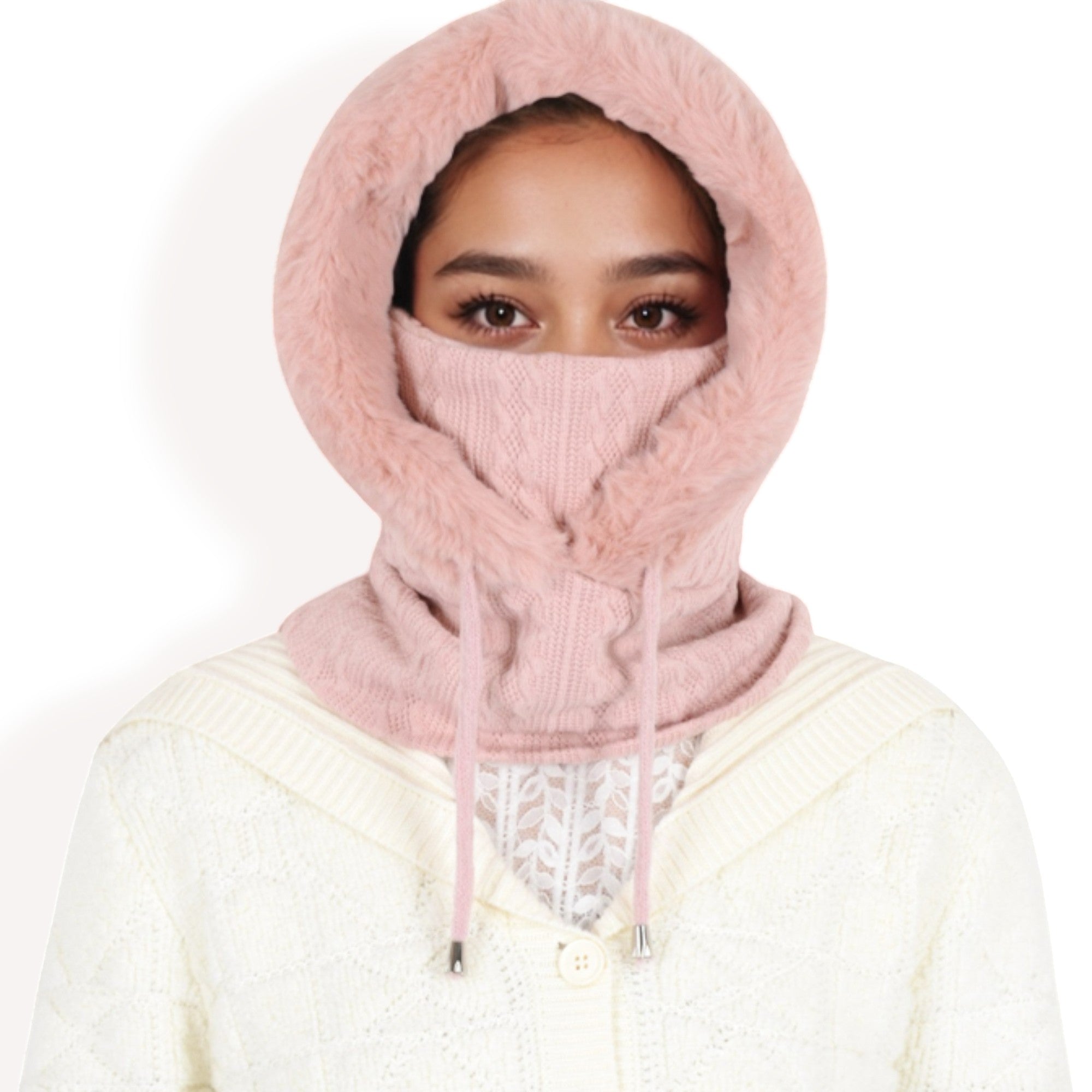 Anna-Kaci Women's Faux Fur Lined Knit Hooded Scarf with Adjustable Drawstring and Full Coverage for Winter Warmth