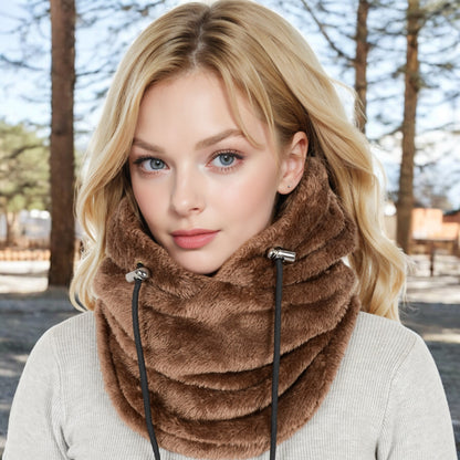 Anna-Kaci Women's Faux Shearling Hooded Scarf with Adjustable Drawstrings and Extended Neck Coverage
