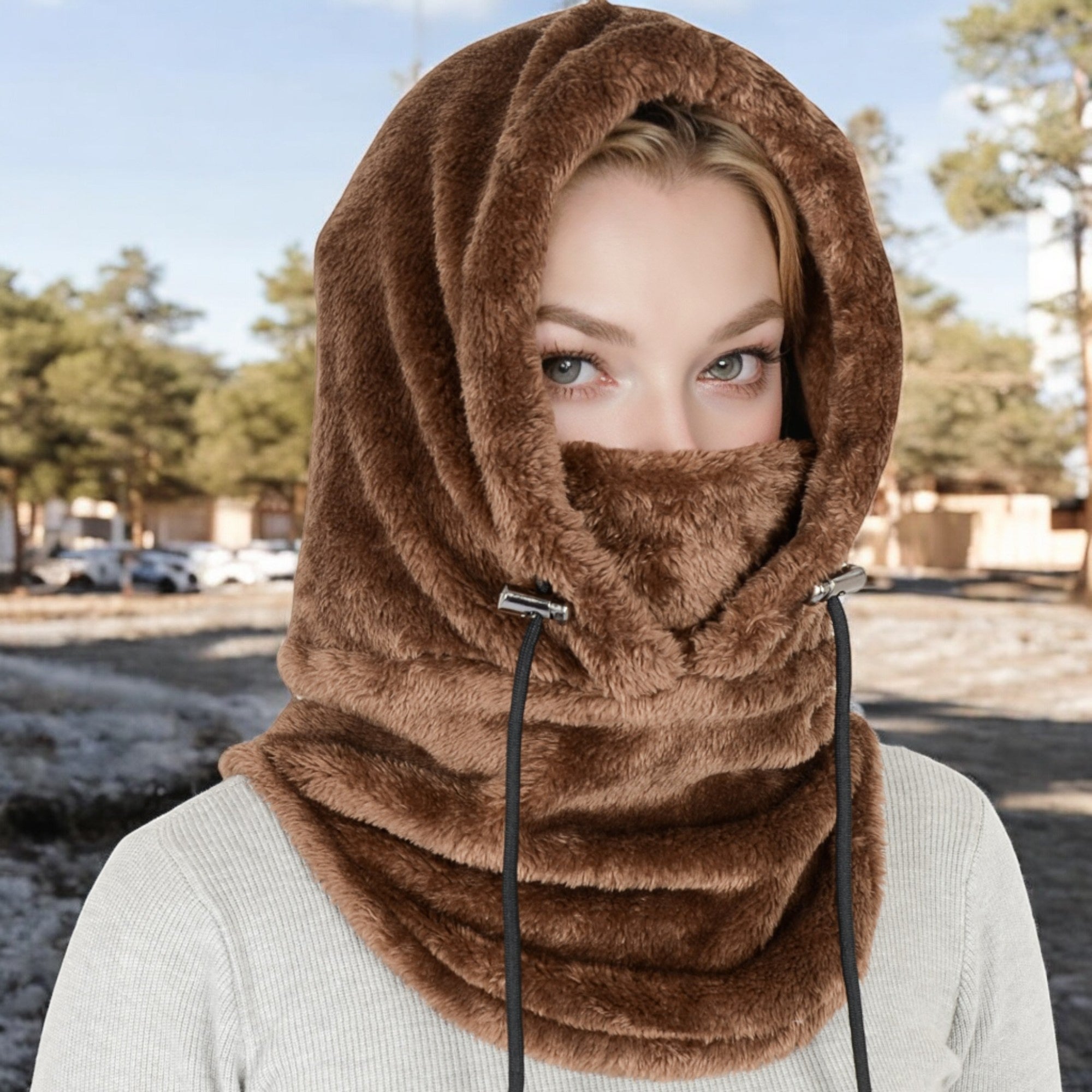 Anna-Kaci Women's Faux Shearling Hooded Scarf with Adjustable Drawstrings and Extended Neck Coverage