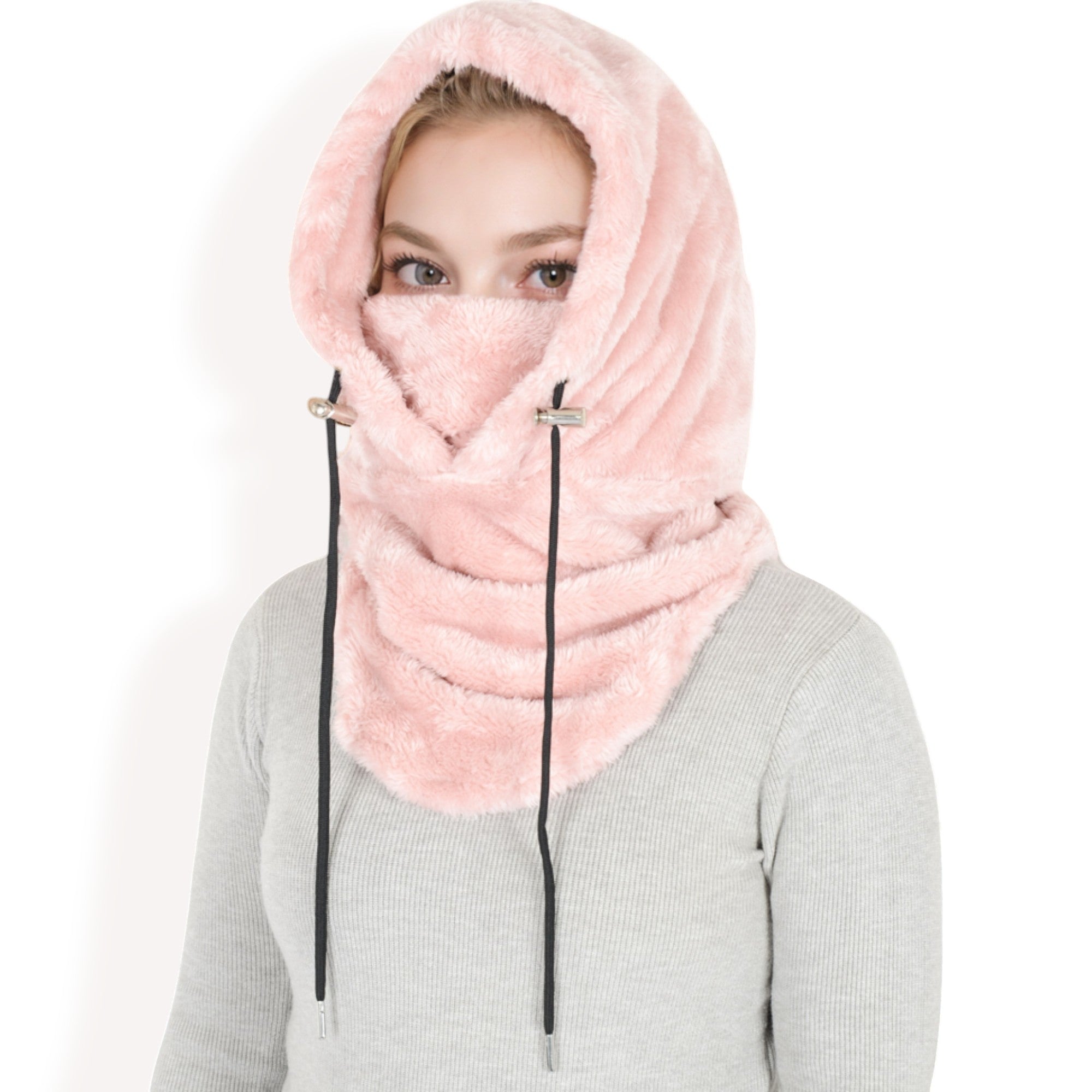 Anna-Kaci Women's Faux Shearling Hooded Scarf with Adjustable Drawstrings and Extended Neck Coverage