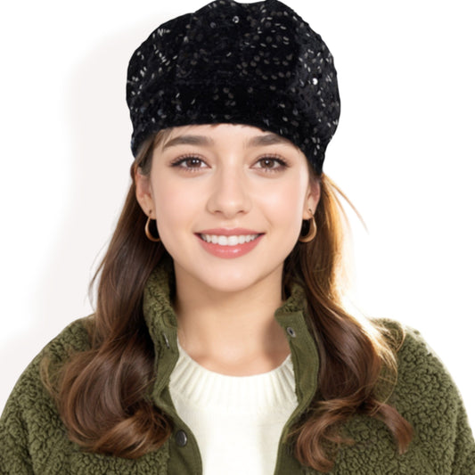 Anna-Kaci Women's Sequin Velvet Beret with Sparkling Embellishments and Comfortable Satin-Lined Interior