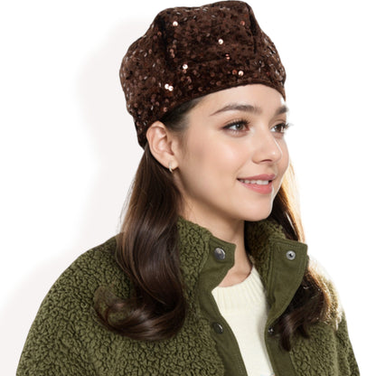 Anna-Kaci Women's Sequin Velvet Beret with Sparkling Embellishments and Comfortable Satin-Lined Interior