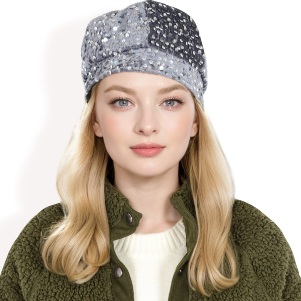 Anna-Kaci Women's Sequin Velvet Beret with Sparkling Embellishments and Comfortable Satin-Lined Interior