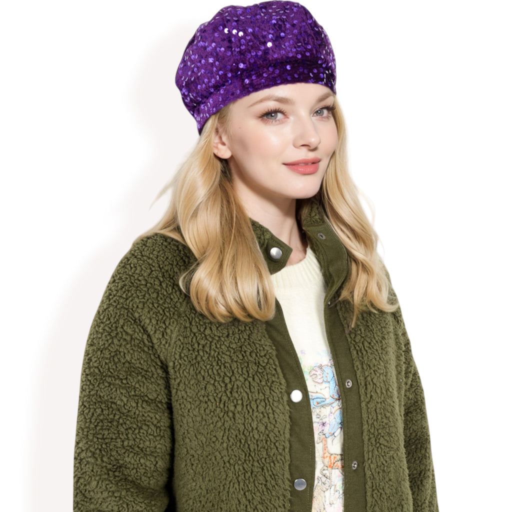 Anna-Kaci Women's Sequin Velvet Beret with Sparkling Embellishments and Comfortable Satin-Lined Interior