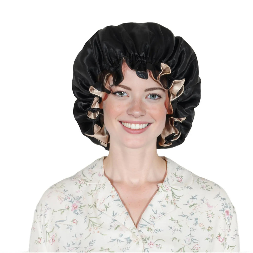 Anna-Kaci Satin Sleep Bonnet Double Layer Ruffled Edge Reversible Silky Cap for Curly and Natural Hair