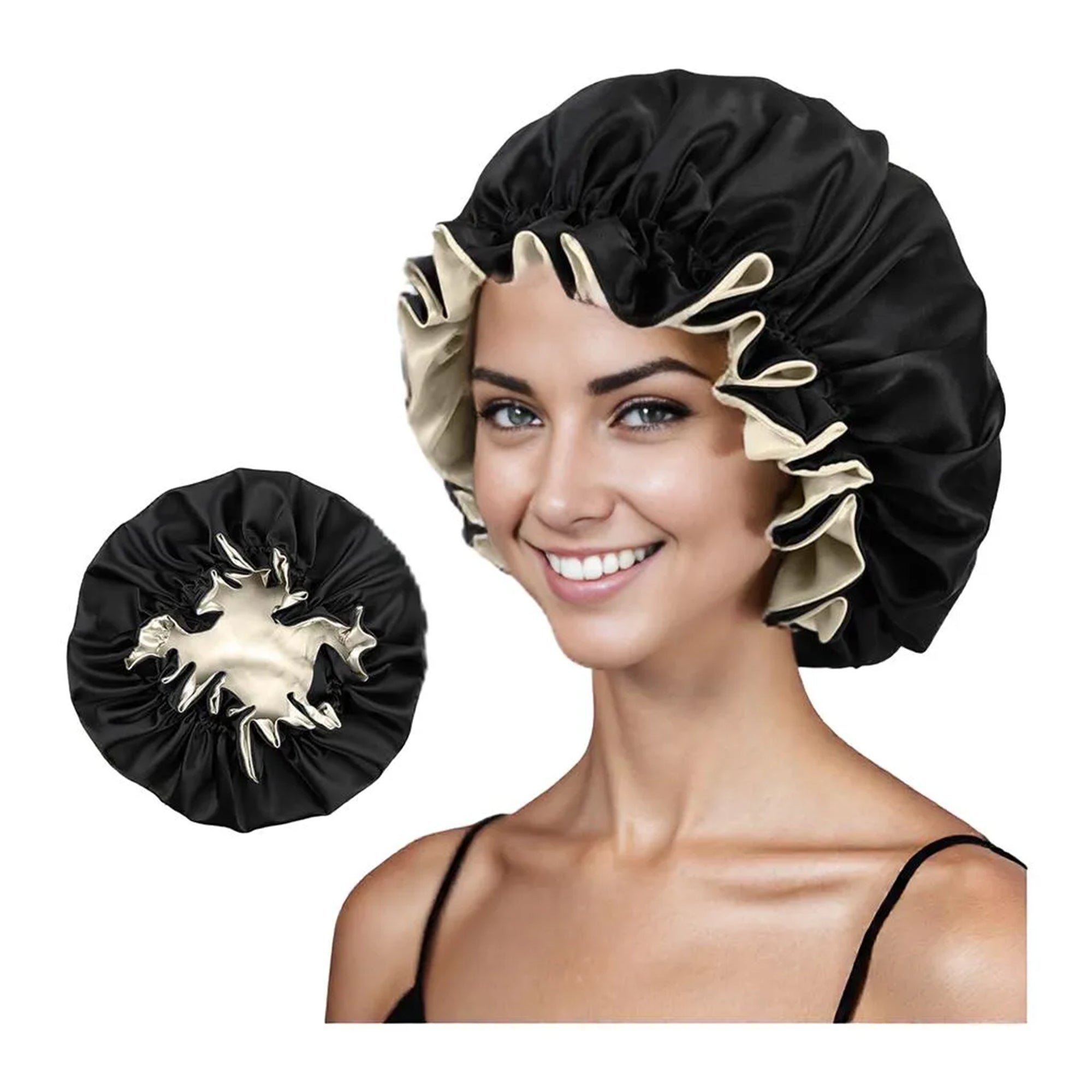 Anna-Kaci Satin Sleep Bonnet Double Layer Ruffled Edge Reversible Silky Cap for Curly and Natural Hair