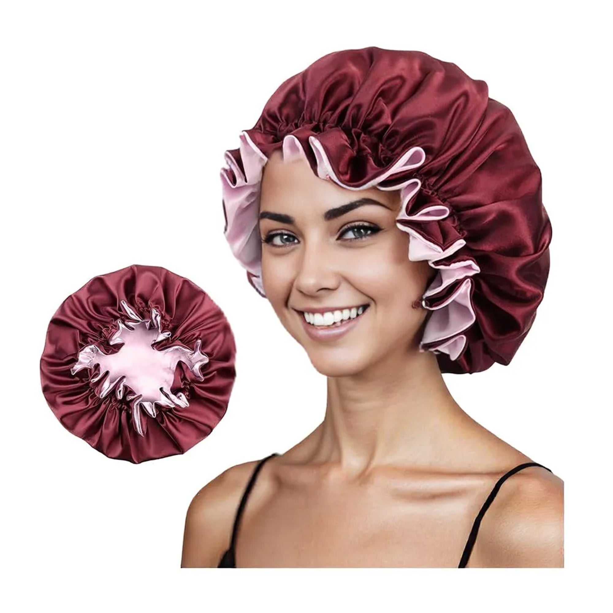 Anna-Kaci Satin Sleep Bonnet Double Layer Ruffled Edge Reversible Silky Cap for Curly and Natural Hair