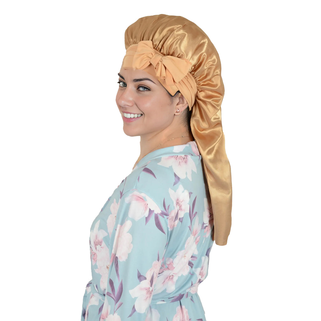 Anna-Kaci Satin Long Bonnet Sleep Cap with Stretch Turban Band for Hair Protection and Moisture Retention