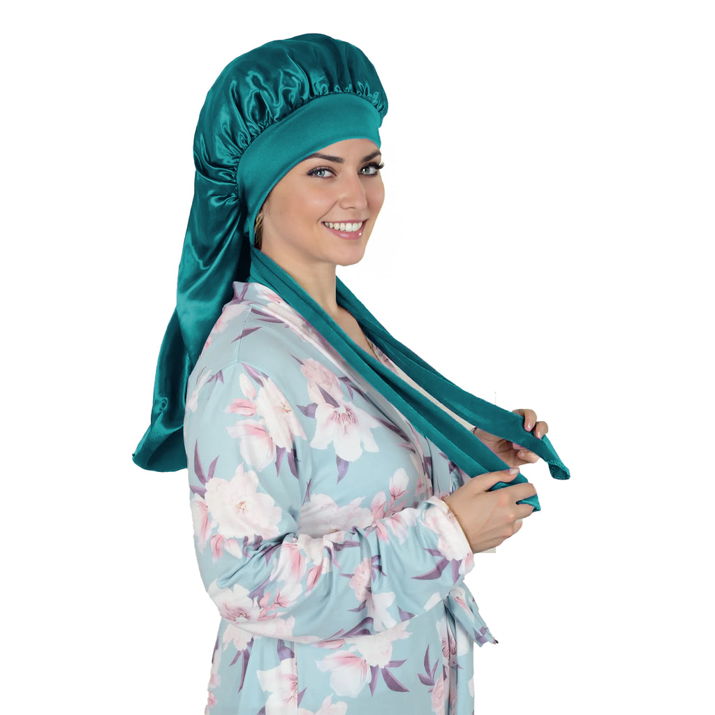 Anna-Kaci Satin Long Bonnet Sleep Cap with Stretch Turban Band for Hair Protection and Moisture Retention