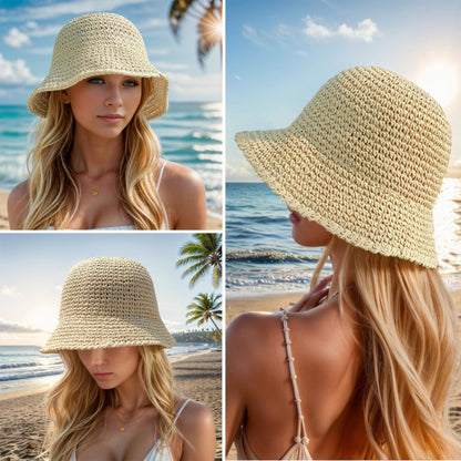 Anna-Kaci Crochet Raffia Bucket Hat Lightweight Foldable Wide Brim Sun Hat for Stylish Summer Protection