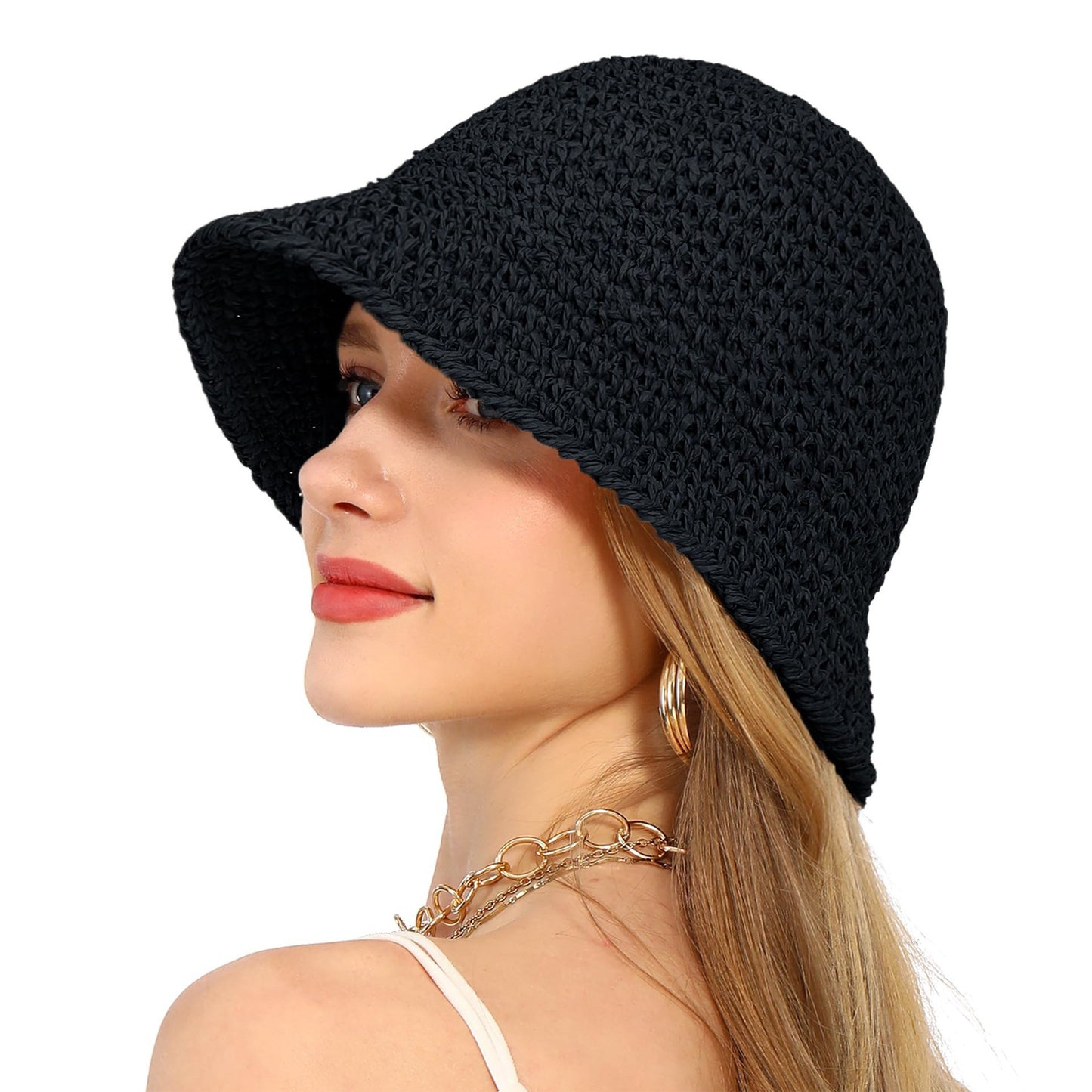 Anna-Kaci Crochet Raffia Bucket Hat Lightweight Foldable Wide Brim Sun Hat for Stylish Summer Protection