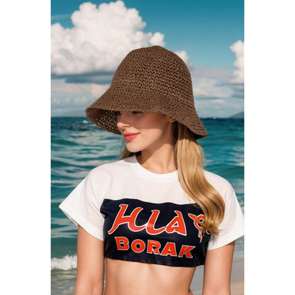 Anna-Kaci Crochet Raffia Bucket Hat Lightweight Foldable Wide Brim Sun Hat for Stylish Summer Protection