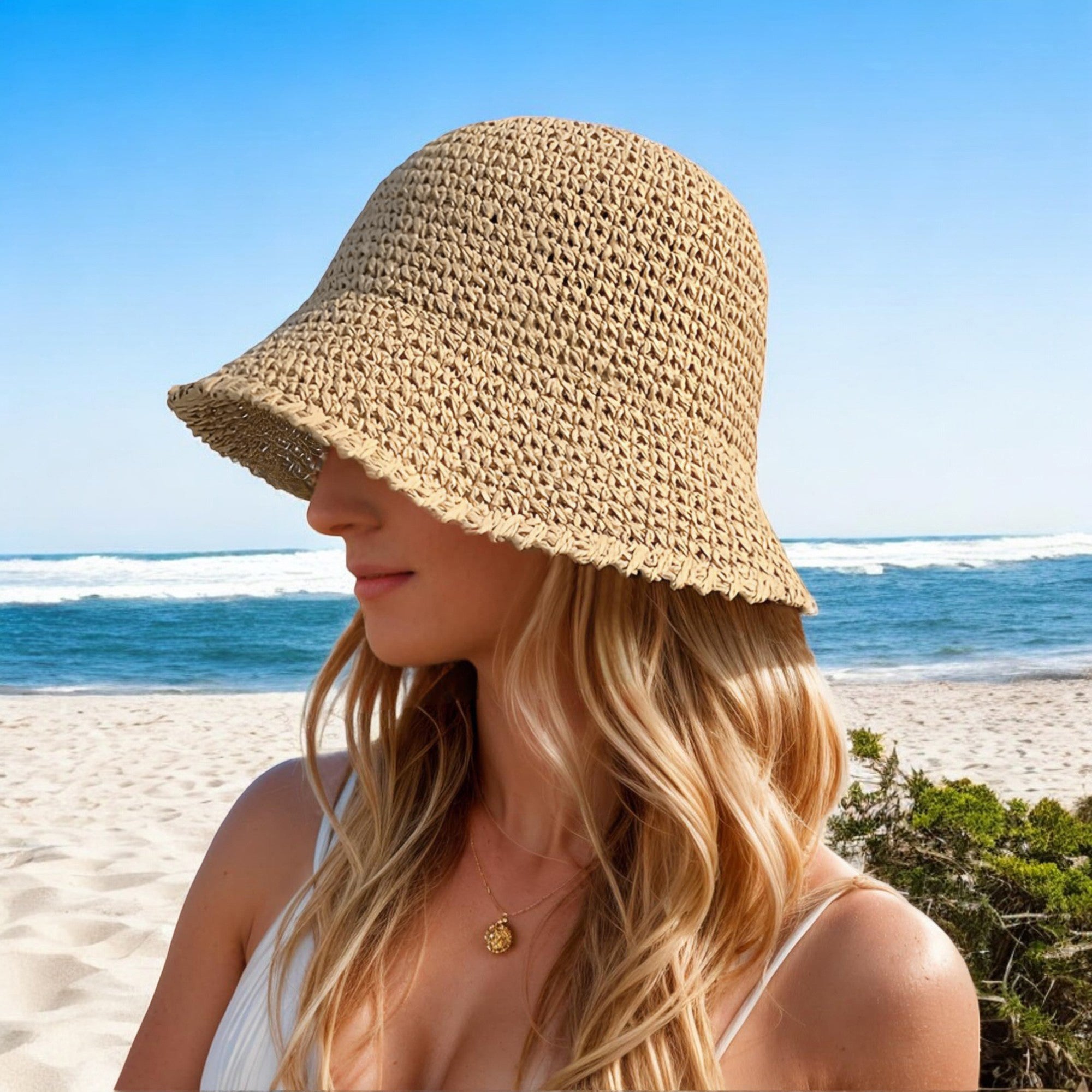 Anna-Kaci Crochet Raffia Bucket Hat Lightweight Foldable Wide Brim Sun Hat for Stylish Summer Protection