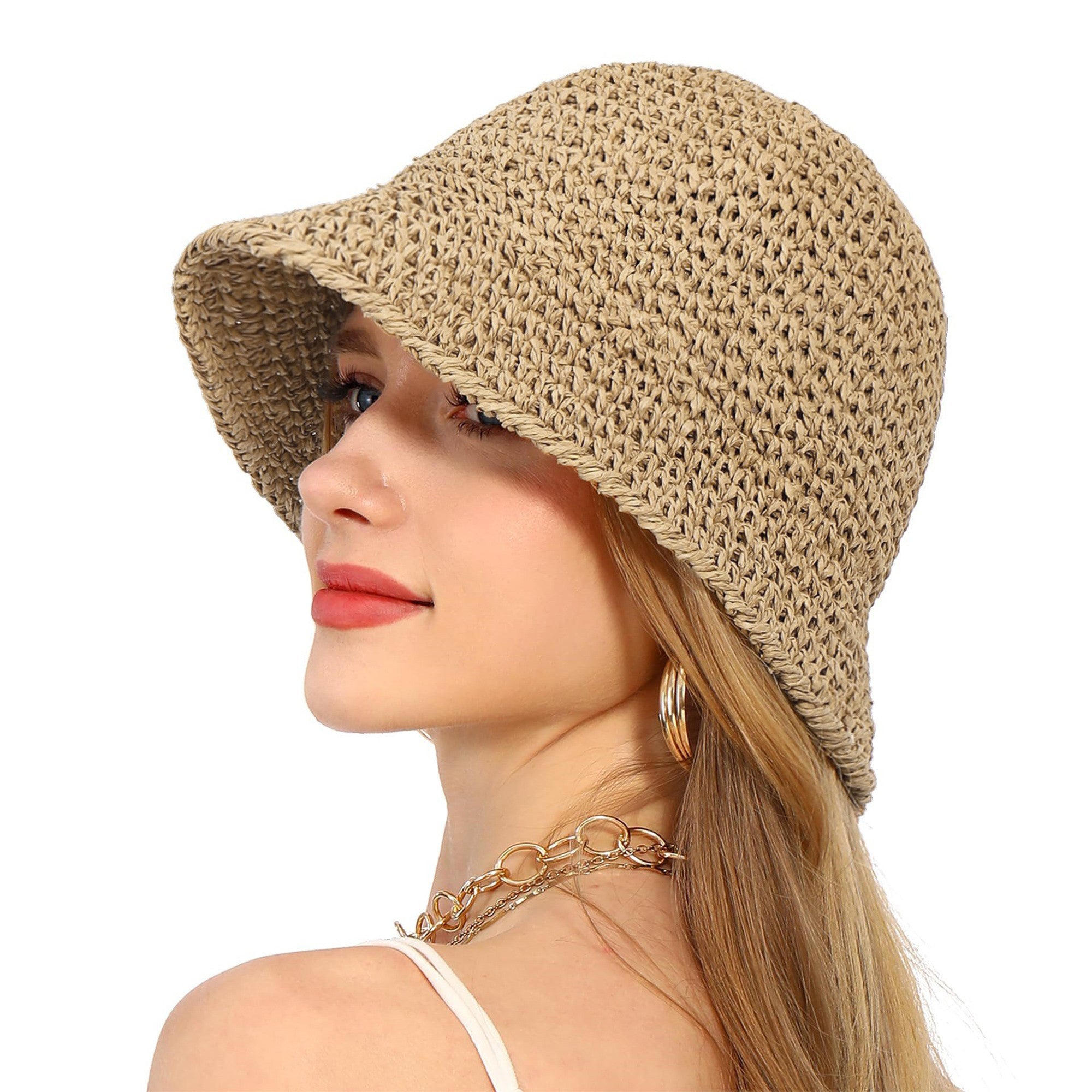 Anna-Kaci Crochet Raffia Bucket Hat Lightweight Foldable Wide Brim Sun Hat for Stylish Summer Protection