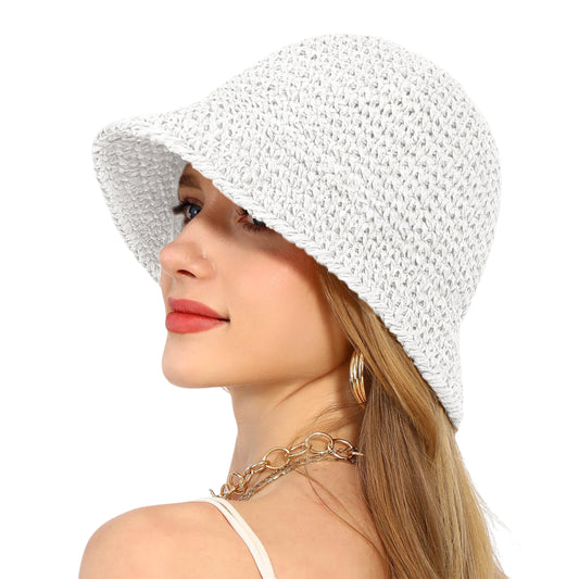 Anna-Kaci Crochet Raffia Bucket Hat Lightweight Foldable Wide Brim Sun Hat for Stylish Summer Protection