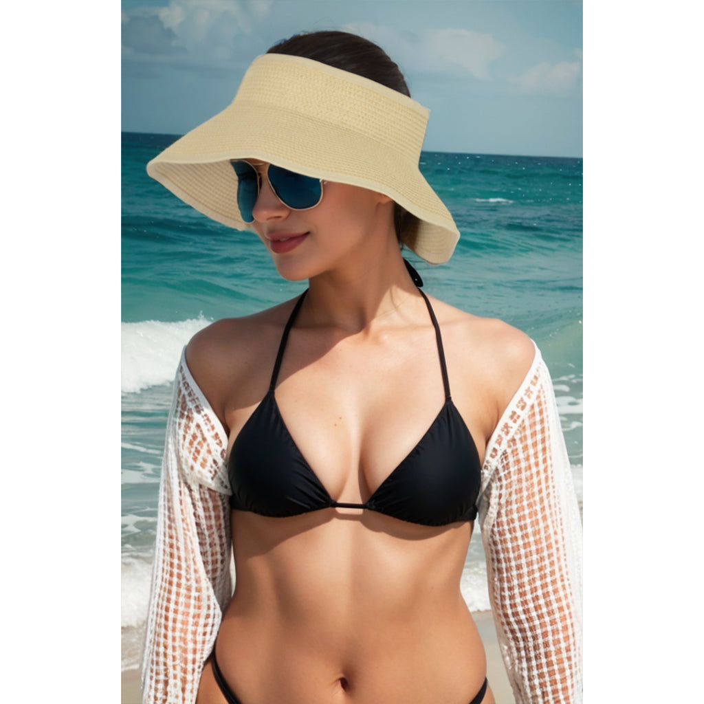 Anna-Kaci Wide Brim Roll-Up Straw Sun Visor Lightweight Packable Open-Top Beach Hat for UV Protection