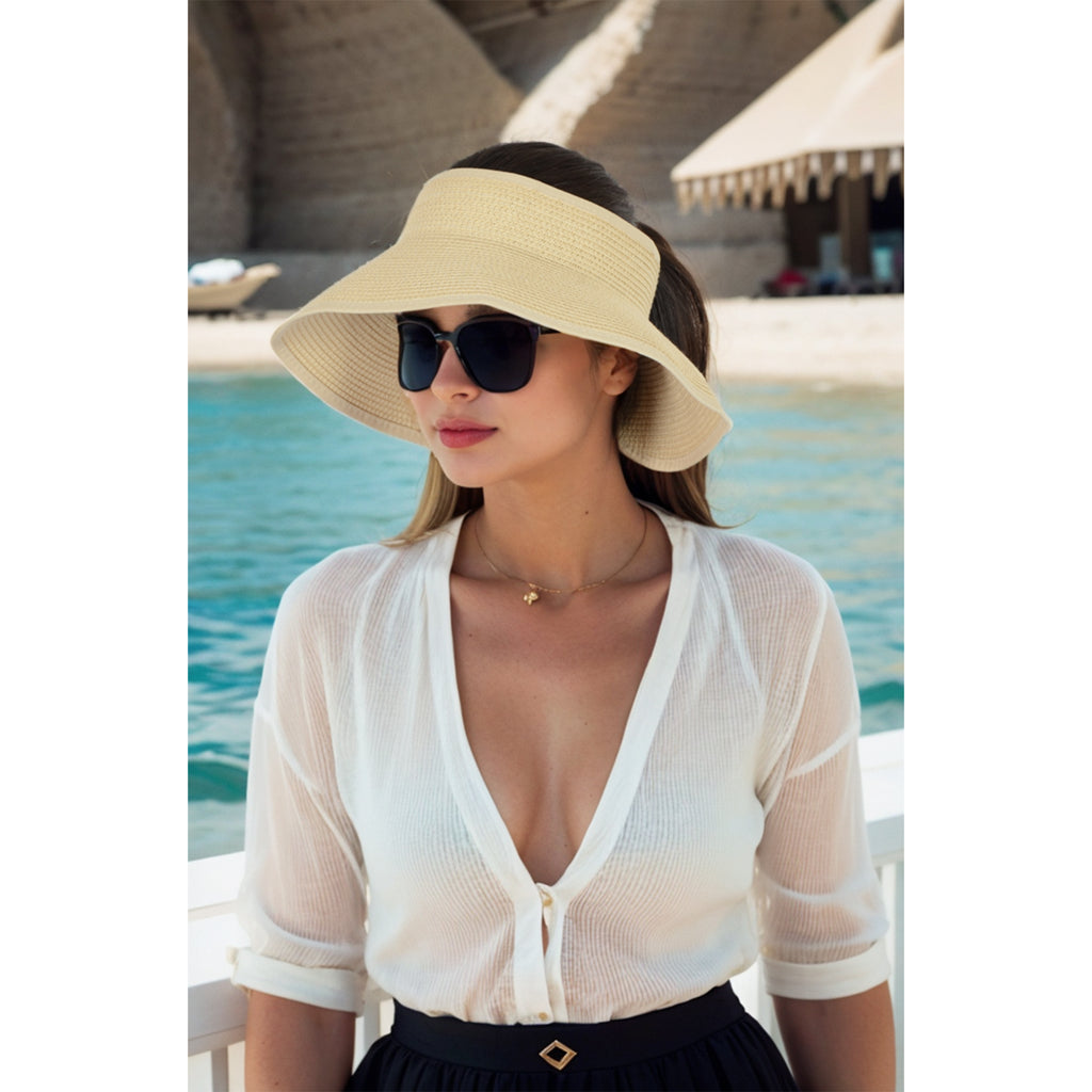 Anna-Kaci Wide Brim Roll-Up Straw Sun Visor Lightweight Packable Open-Top Beach Hat for UV Protection