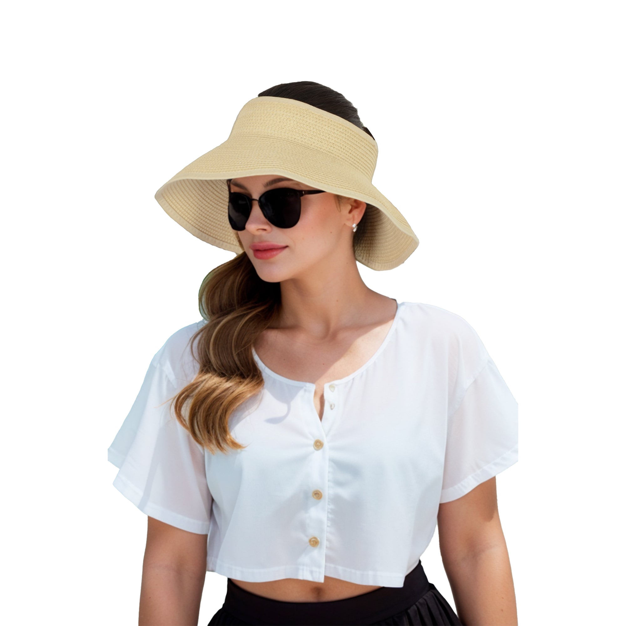Anna-Kaci Wide Brim Roll-Up Straw Sun Visor Lightweight Packable Open-Top Beach Hat for UV Protection