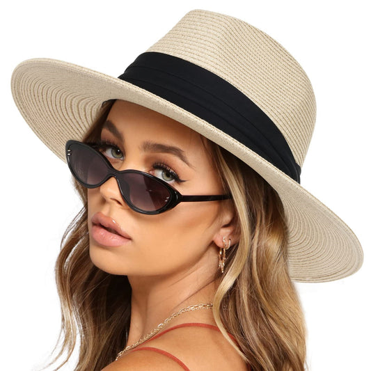 Anna-Kaci Wide Brim Straw Fedora Sun Hat with Black Band Lightweight Packable Summer Panama Hat for UV Protection