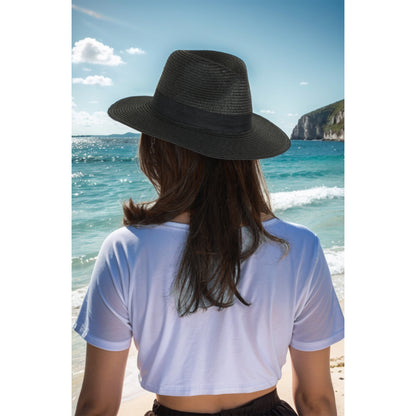 Anna-Kaci Wide Brim Straw Fedora Sun Hat with Black Band Lightweight Packable Summer Panama Hat for UV Protection