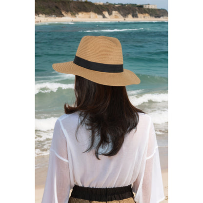 Anna-Kaci Wide Brim Straw Fedora Sun Hat with Black Band Lightweight Packable Summer Panama Hat for UV Protection