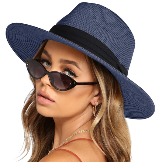 Anna-Kaci Wide Brim Straw Fedora Sun Hat with Black Band Lightweight Packable Summer Panama Hat for UV Protection