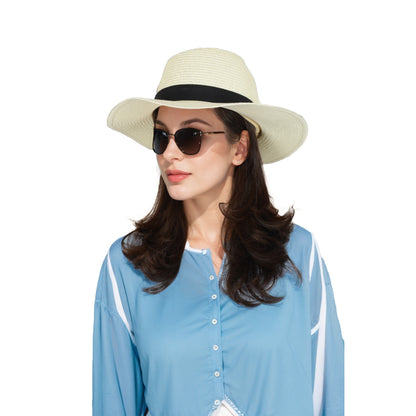 Anna-Kaci Wide Brim Straw Fedora Sun Hat with Black Band Lightweight Packable Summer Panama Hat for UV Protection