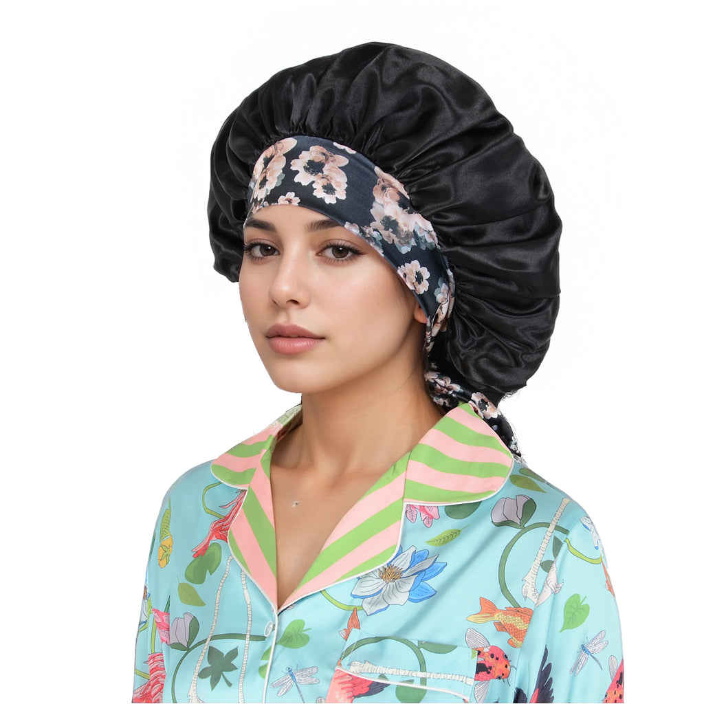 Anna-Kaci Women Silk Bonnet for Sleeping Satin Lined Hair Bonnet with Floral Tie Band for Curly Hair Protection