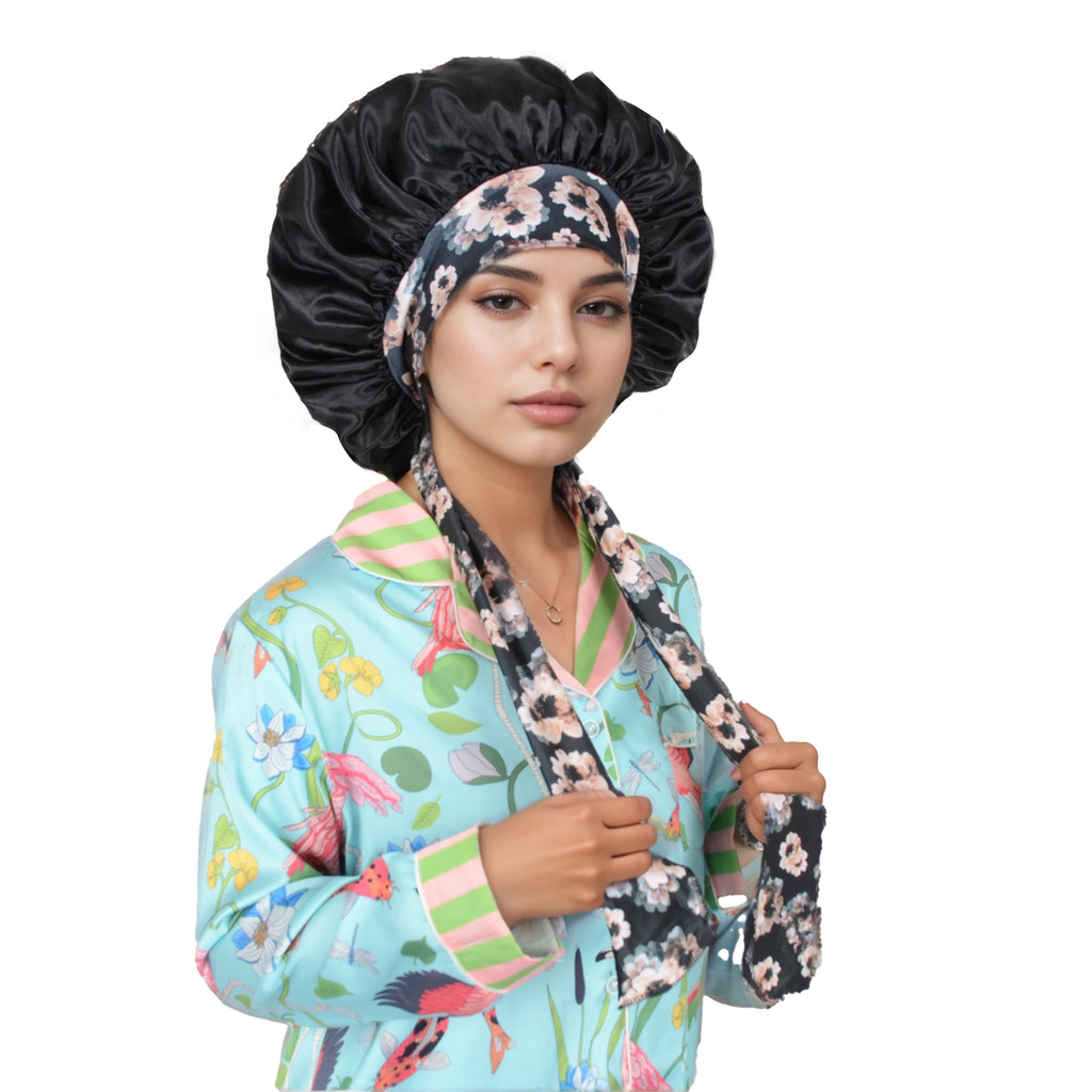 Anna-Kaci Women Silk Bonnet for Sleeping Satin Lined Hair Bonnet with Floral Tie Band for Curly Hair Protection