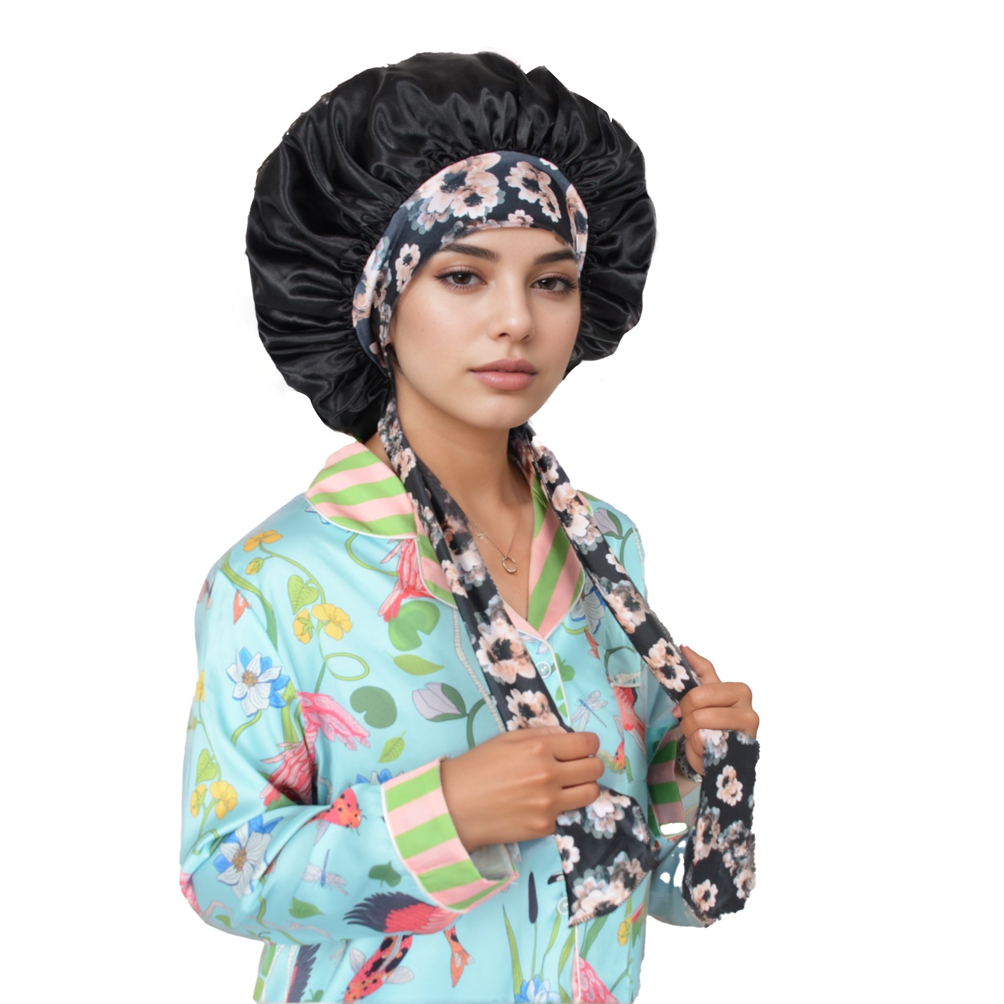 Anna-Kaci Women Silk Bonnet for Sleeping Satin Lined Hair Bonnet with Floral Tie Band for Curly Hair Protection