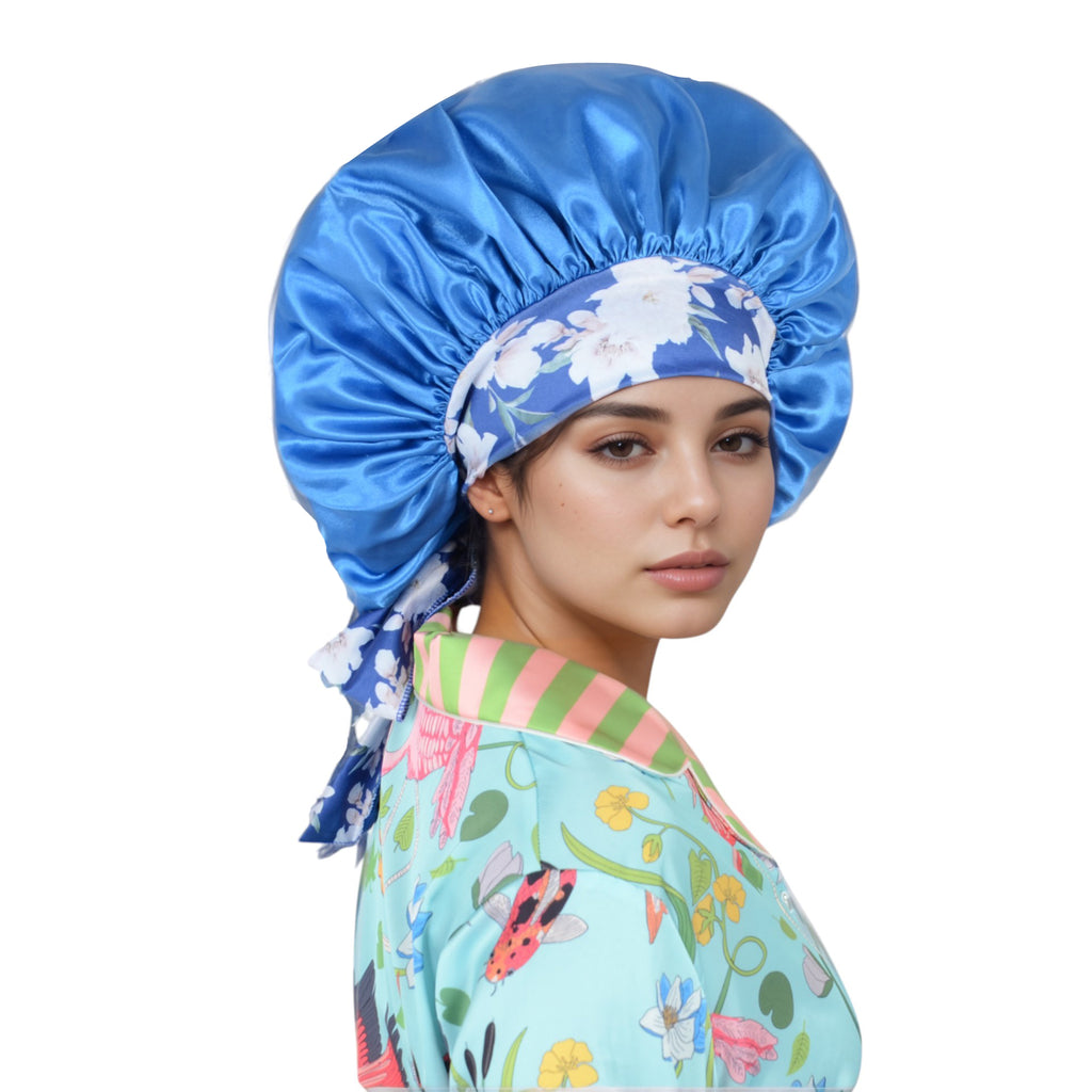 Anna-Kaci Women Silk Bonnet for Sleeping Satin Lined Hair Bonnet with Floral Tie Band for Curly Hair Protection