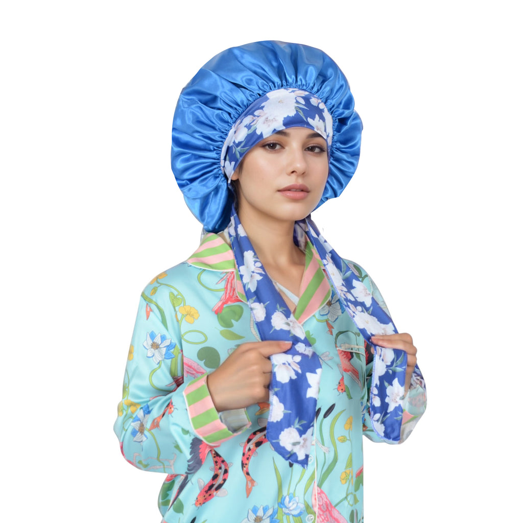 Anna-Kaci Women Silk Bonnet for Sleeping Satin Lined Hair Bonnet with Floral Tie Band for Curly Hair Protection
