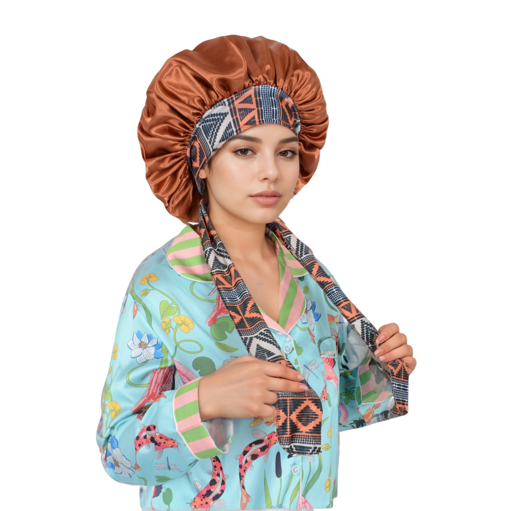 Anna-Kaci Women Silk Bonnet for Sleeping Satin Lined Hair Bonnet with Floral Tie Band for Curly Hair Protection