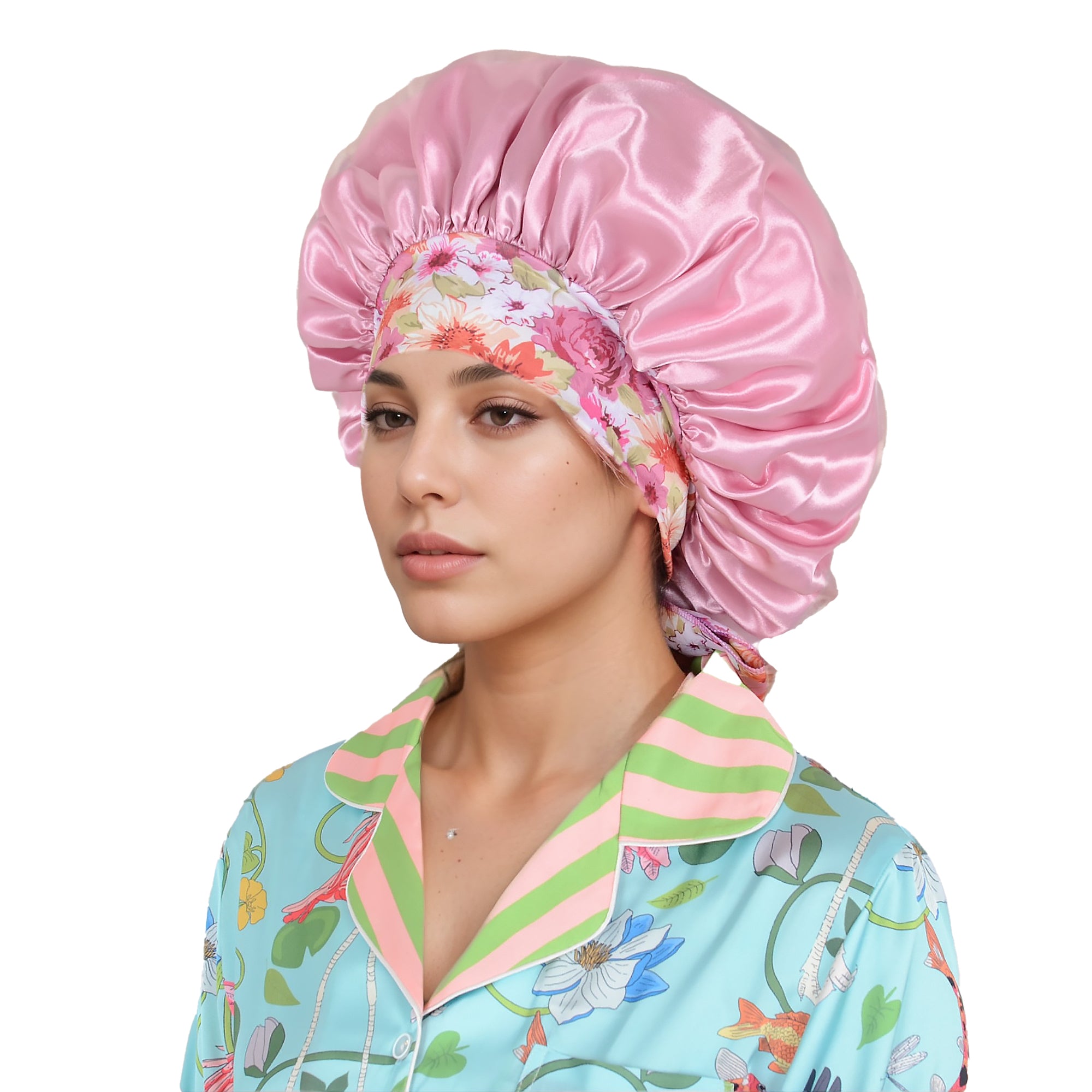 Anna-Kaci Women Silk Bonnet for Sleeping Satin Lined Hair Bonnet with Floral Tie Band for Curly Hair Protection