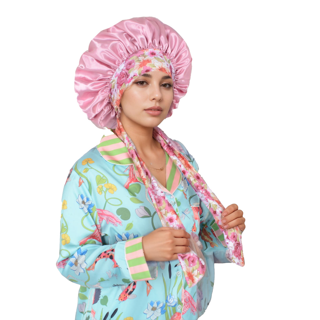 Anna-Kaci Women Silk Bonnet for Sleeping Satin Lined Hair Bonnet with Floral Tie Band for Curly Hair Protection