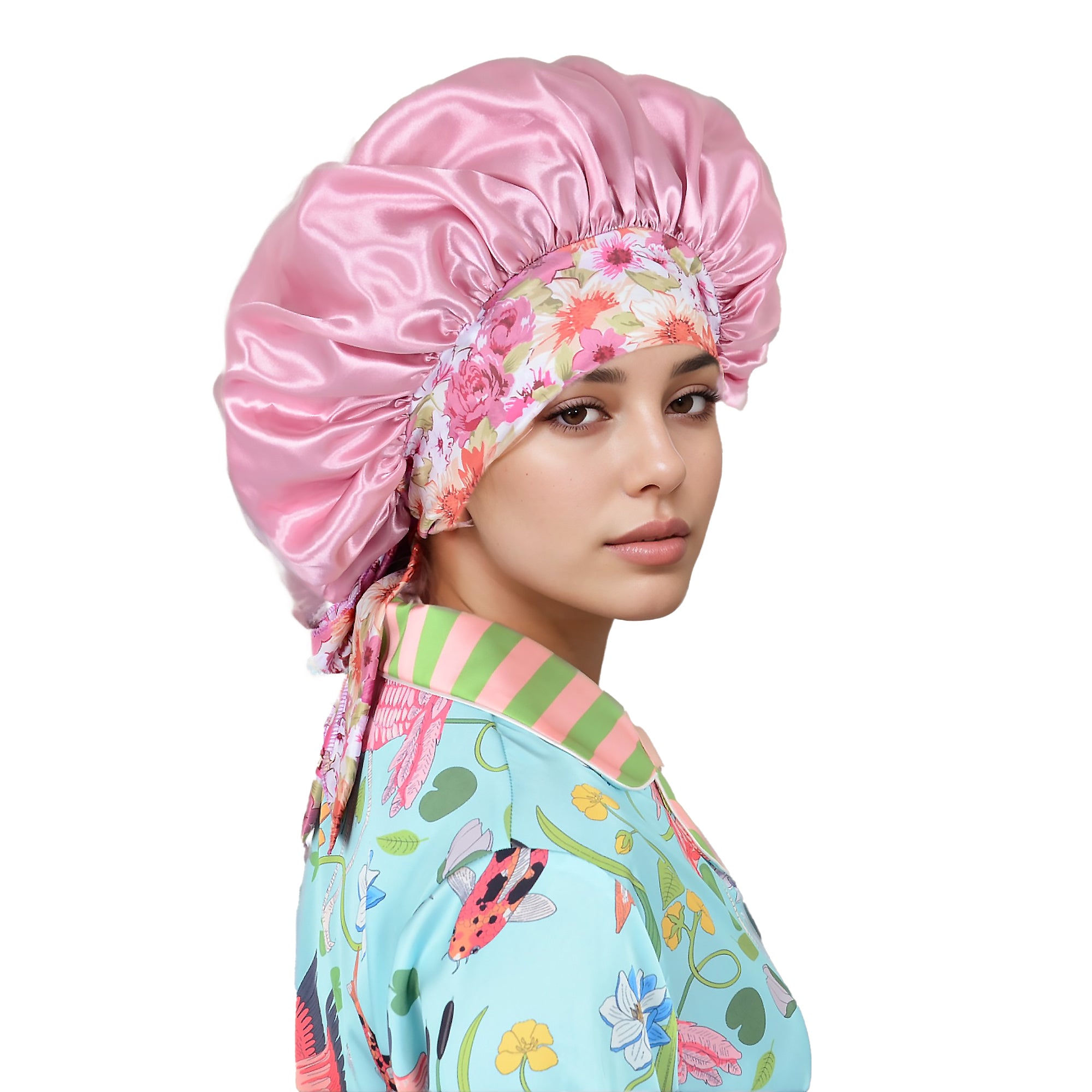 Anna-Kaci Women Silk Bonnet for Sleeping Satin Lined Hair Bonnet with Floral Tie Band for Curly Hair Protection