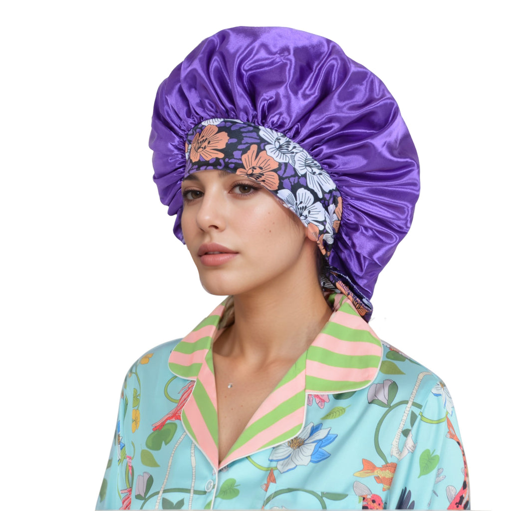Anna-Kaci Women Silk Bonnet for Sleeping Satin Lined Hair Bonnet with Floral Tie Band for Curly Hair Protection